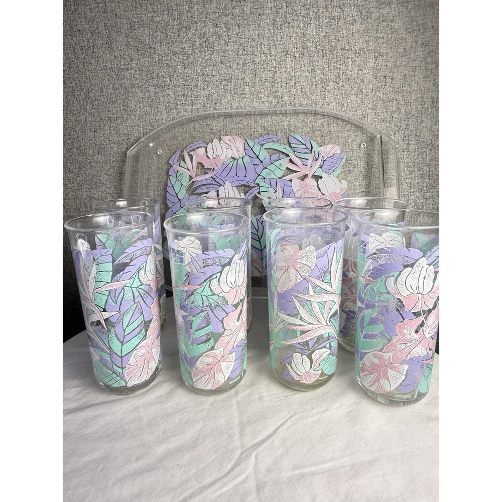Set Of 8 Vintage 70s/80s Culver Encounters Pink Blue Floral Acrylic Glasses Tray